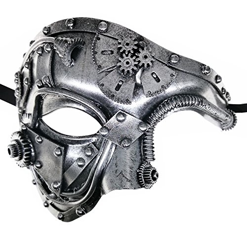 Ubauta Steampunk Metal Cyborg Venetian Mask,Silver Masquerade Mask For Halloween Costume Party/Phantom Of The Opera/Mardi Gras Ball