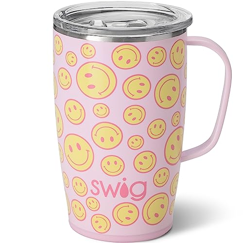 Swig 18oz Travel Mug, Insulated Tumbler with Handle and Lid, Cup Holder Friendly, Dishwasher Safe, Stainless Steel Insulated Coffee Mug with Lid and Handle (Oh Happy Day)