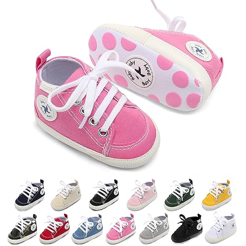 Baby Girls Boys Shoes Soft Anti-Slip Sole Newborn First Walkers Star High Top Canvas Denim Unisex Infant Sneaker (A01-Pink, 6-12 Months)