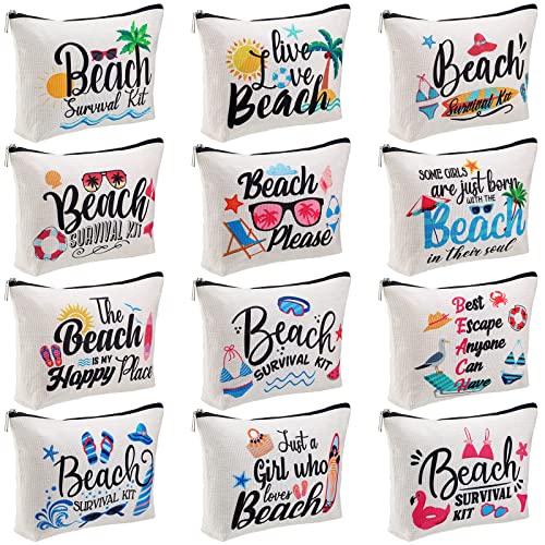 Hillban 12 Pcs Beach Survival Kit Cosmetic Bag for Women Christmas Gift Waterproof Beach Makeup Bag Travel Organizer Fun Zipper Pouch Beach Accessories Cruise Gifts for Kids Summer Seaside Sunbathing