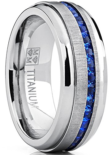 Metal Masters Men's Titanium Wedding Band Engagement Ring W/Blue Simulated Sapphire Cubic Zirconia Princess CZ 10.5