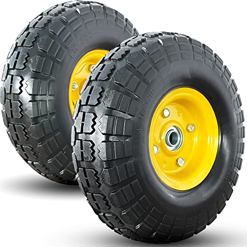 4.10/3.50-4 tire and Wheel Flat Free,10' Solid Tire Wheel with 5/8' Bearings,2.1' Offset Hub,for Garden Carts,Dolly,Trolley,Dump Cart,Hand Truck/Wheelbarrow/Garden Wagon(2-Pack)