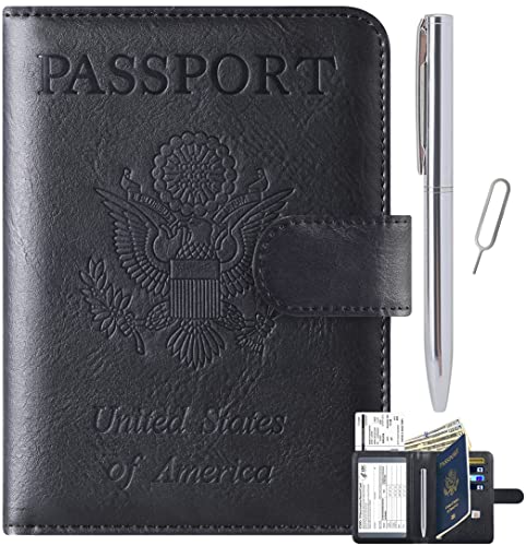 Passport Holder Cover Wallet Travel Essentials Leather Travel Wallet Rfid Blocking Case Vacation Travel Must Haves Travel Accessories for Men Women (2#Black)