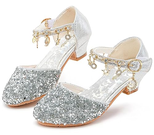 Furdeour Girls Sandals Silver Block Heel Toddler for Kids Size 10 Flower Girls Wedding Party(2902Silver 10)