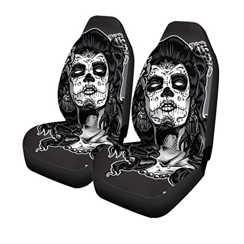 Semtomn Set of 2 Car Seat Covers Gray Tattoo Woman Sugar Skull Face Paint Dead Day Universal Auto Front Seats Protector Fits for Car,SUV Sedan,Truck