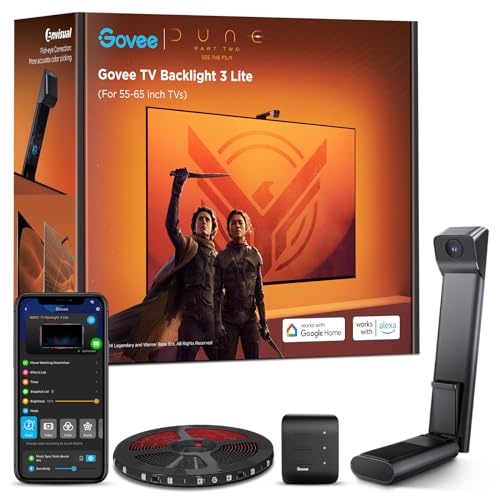 Govee TV Backlight 3 Lite with Fish-Eye Correction Function Sync to 55-65 Inch TVs, 11.8ft RGBICW Wi-Fi TV LED Backlight with Camera, 4 Colors in 1 Lamp Bead, Voice and APP Control, Adapter