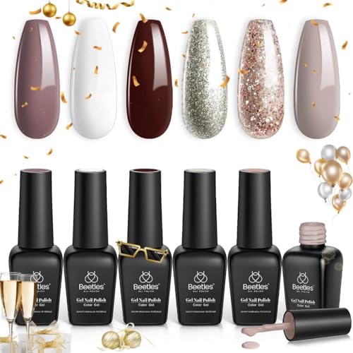 Beetles Holiday Gel Nail Polish Set - 6 Colors Burgundy Red Brown Champagne Gold Brown Gel Polish Kit Snow White Nude Grey Soak off Nail Uv Lamp Gel Polish Gel Nail Manicure Kit DIY New Year Gift