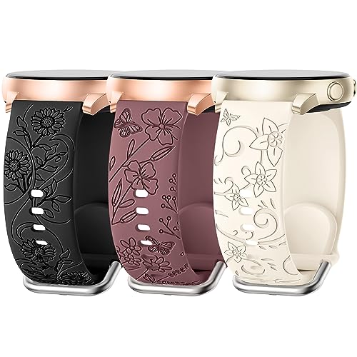 3 Pack Flower Engraved Bands Compatible with Samsung Galaxy Watch 6/5/4 Band 40mm 44mm,galaxy 5 Pro 45mm,galaxy active 2,Galaxy 3,20mm Soft Silicone Replacement Sport Strap for Women