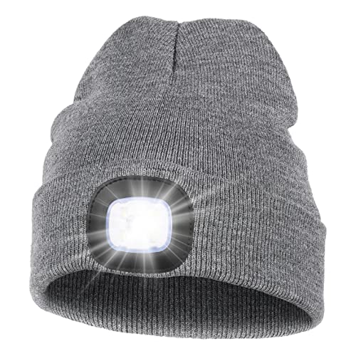 MELASA Unisex LED Beanie with Light, USB Rechargeable Hands Free LED Headlamp Hat, Knitted Night Light Beanie Cap Flashlight Hat, Men Gifts for Dad Father Husband (Grey)
