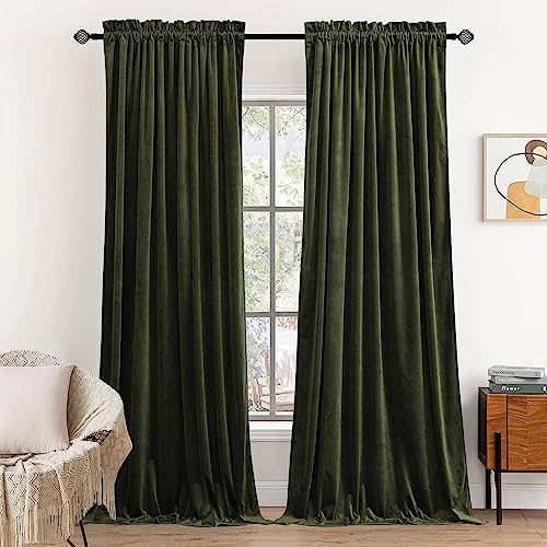 Dchola Olive Green Velvet Curtains for Bedroom Window, Super Soft Vintage Luxury Heavy Drapes, Room Darkening Rod Pocket Curtain for Living Room, W52 by L96 inches, 2 Panels