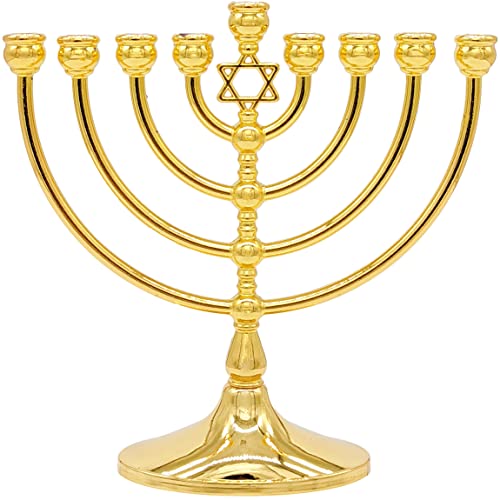 The Dreidel Company Menorah with Traditional Star Antique Gold Finish, Full Size 7' Inch