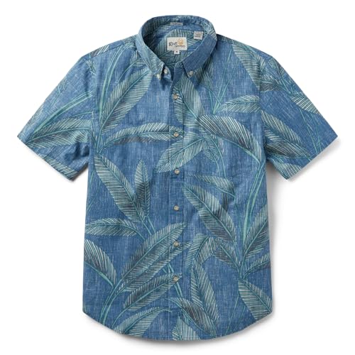 Reyn Spooner Men's Garden View Tailored Button Front Tropical Leaves Hawaiian Aloha Shirt, Captain's Blue, M