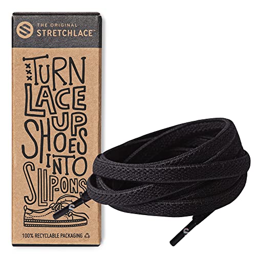 THE ORIGINAL STRETCHLACE - Flat Elastic Shoelaces, Stretch Shoe Laces for Adult Sneakers, Stylish Shoe Laces for Elderly, Kids, and People with Special Needs, Black, 55in