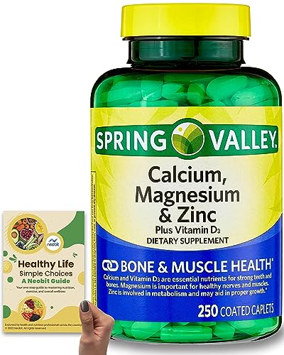 Spring Valley Calcium, Magnesium & Zinc, 250 Coated Caplets - Plus Vitamin D3, Bone & Muscle Health Support, Essential Minerals Blend + 'Healthy Life, Simple Choices: Guide' (2 Items)