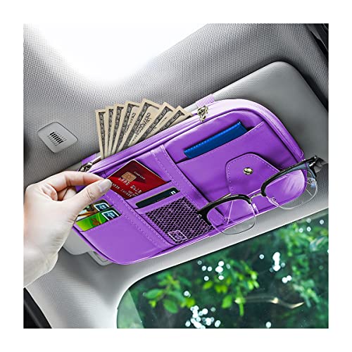 AUCELI Car Sun Visor Organizer, PU Leather Document Registration Case Bag with Multi-Pocket for License Pen Key, Sunglass Holder Net Zipper Storage Pouch, Universal Auto Truck Accessories