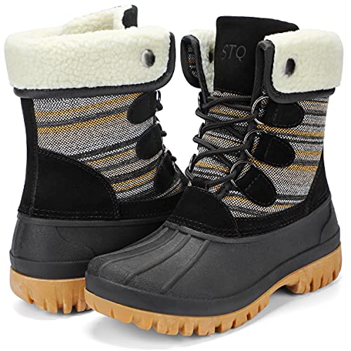 STQ Winter Snow Boots for Women Waterproof Cold Weather Women Duck Boots Black/Stripe 8 M US