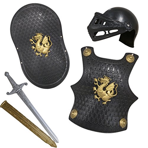 NOVELTY GIANT WWW.NOVELTYGIANT.COM Childs Knight Armor Gladiator Soldier 4 Pc Costume Set (Black, Silver & Gold) For Ages 3 and Up