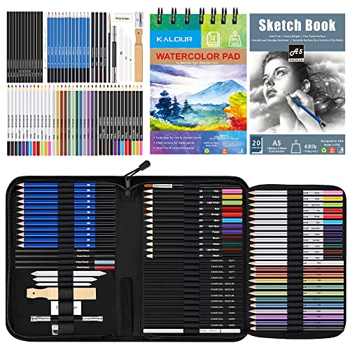 KALOUR 76 Drawing Sketching Kit Set - Pro Art Supplies with Sketchbook & Watercolor Paper - Include Tutorial,Pastel,Watercolor,Sketch,Colored,Metallic,Charcoal Pencils - for Artists Beginners