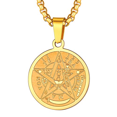 U7 Tetragrammaton Pentacle Necklace 18K Gold Plated Stainless Steel Occult Medal Pendant Wicca Jewelry for Men and Women, Box Chain 22 Inch