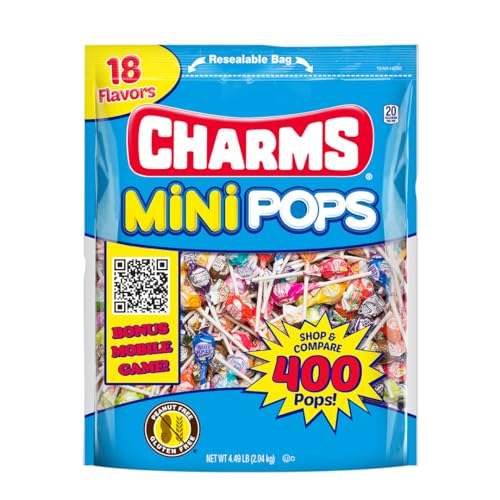 Tootsie Roll Charms Mini Pops - 4.5 lb Holiday Size Bag of Individually Wrapped Fruity Hard Candy Lollipops in 18 Fun Flavors - Peanut and Gluten Free, 400 Count