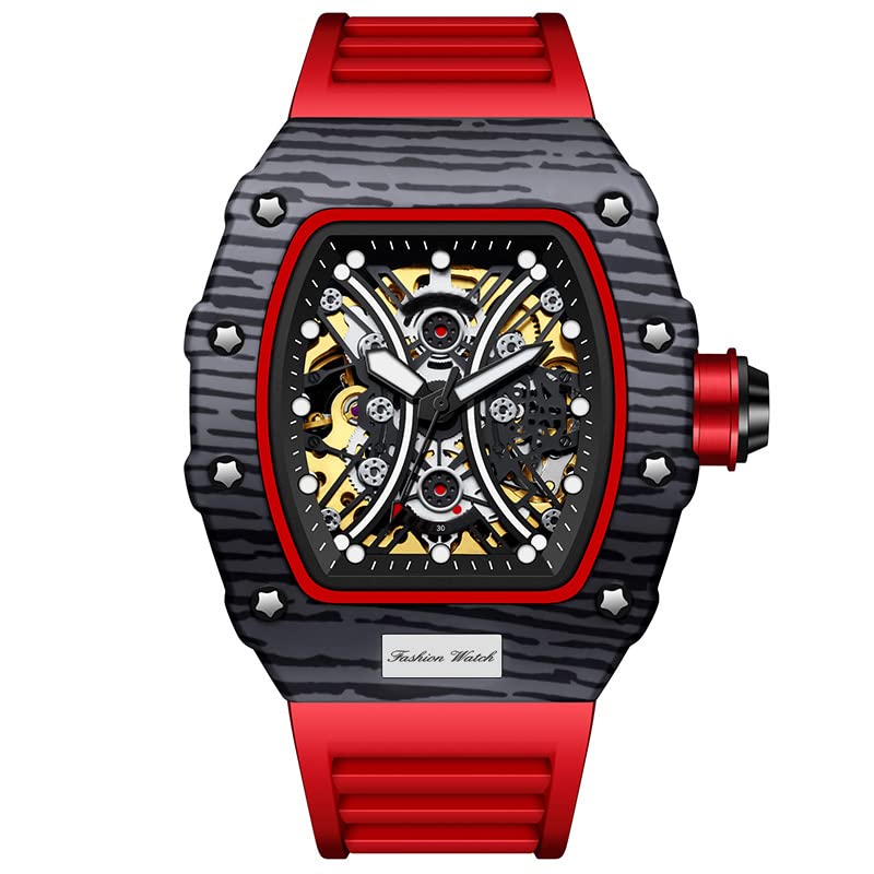ShShi Michard Collection Cool Men's Double-Sided Openwork Barrel Automatic Mechanical Watch Half-Moon-Themed dial Luminescent Water Resistance (Red face - red Watch Band)