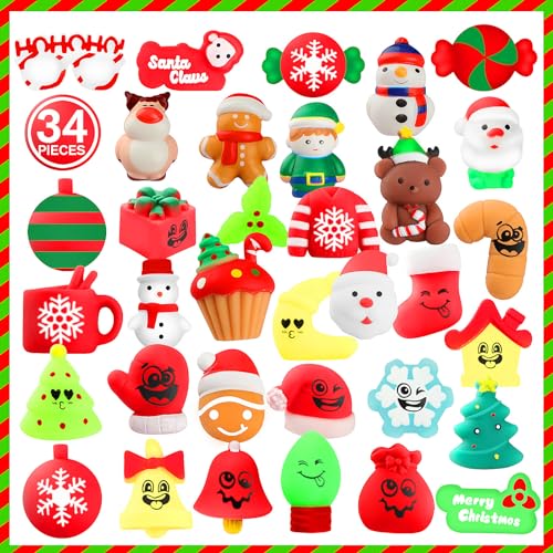 VNAMO Christmas Squishy Toys, 34 PCS Squishies Christmas Party Favors for Kids Boys Girls, Mochi Kawaii Squishy Stress Reliever Anxiety Toys, Classroom Prize Bulk Gifts for Christmas Treat Goody Bags