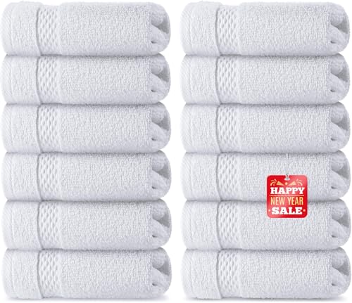WhiteClassic Luxury Cotton Washcloths - Large Hotel Spa Bathroom Face Towel | 12 Pack | White