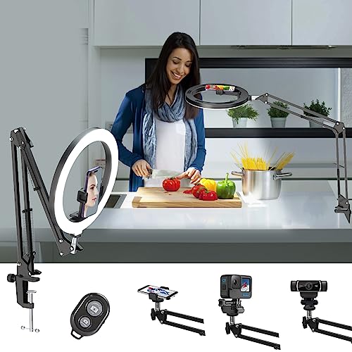 Overhead Camera Mount with 10' Selfie Ring Light and Phone Holder for Desk,Phone Mount Arm Stand with Remote for iPhone,Overhead Tripod for Video Recording Vlog TikTok Live Stream Cooking Laptop