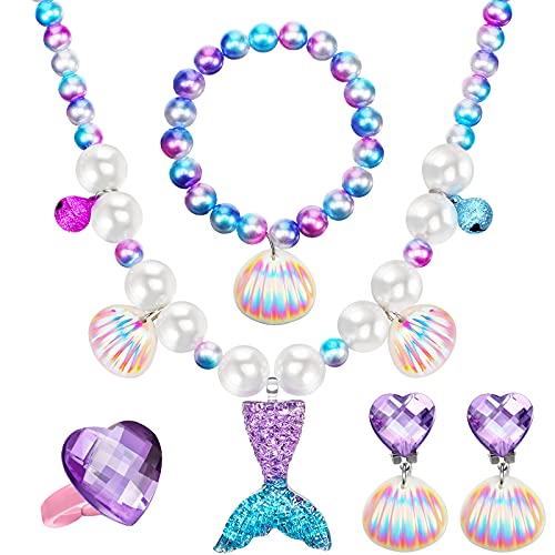 Jadive Mermaid Jewelry for Girls, Mermaid Necklace Bracelet for Kids Mermaid Accessories Shell Necklace Bracelet Ring Earrings Organza Bag Mermaid Party Costume Jewelry(Purple, Cute Style)
