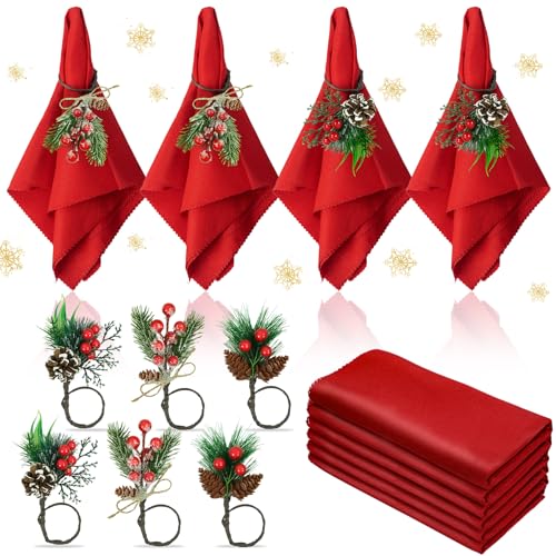 Korlon Tec 12 Pcs Christmas Napkins and Ring Set 6 Pcs Washable Red Christmas Napkins Cloth and 6 Pcs Christmas Napkin Rings for Holiday Party Dinner Christmas Table Decorations