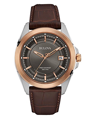 Bulova Men's Precisionist 3-Hand Calendar Rose Gold and Stainless Steel with Brown Leather Strap and Gray Dial Style: 98B267