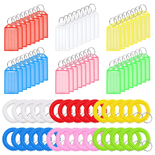 Wokape 78Pcs Assorted Colors Tough Plastic Key Tags with Split Ring Label Window & Spiral Wristband Stretchy Keychain for Outdoor Gym Luggage Sauna