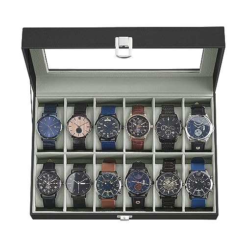 SONGMICS Watch Box, 12-Slot Watch Case with Large Glass Lid, Removable Watch Pillows, Watch Box Organizer, Gift for Loved Ones, Black Synthetic Leather, Gray Lining UJWB12BK