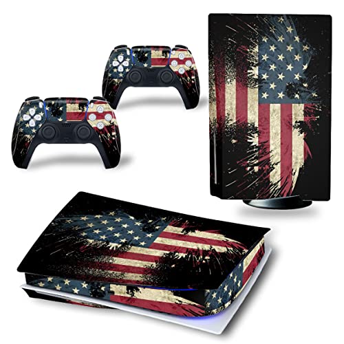 DOMILINA Full Body Vinyl Skin Decal Cover for PS5 Disk Edition Console & Controllers - American Flag