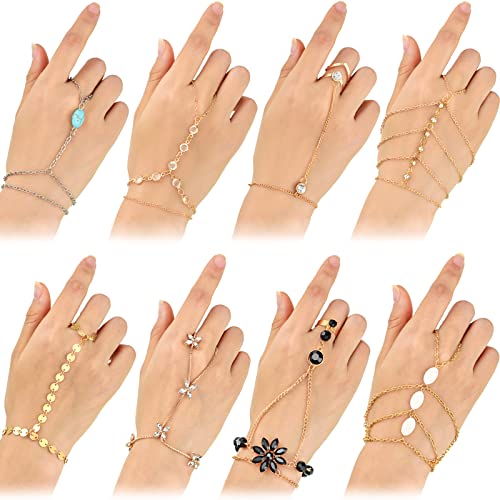 8 Pieces Hand Chain Set Ring Bracelet Chain Tassel Crystal Finger Bracelet Bohemian Hand Jewelry for Women and Girls (Elegant)