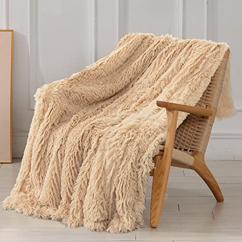 Tuddrom Decorative Extra Soft Faux Fur Throw Blanket 50'x60',Solid Reversible Fuzzy Lightweight Long Hair Shaggy Blanket,Fluffy Cozy Plush Fleece Comfy Microfiber Blanket for Couch Sofa Bed,Apricot
