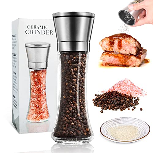 Pepper Mill Grinder Refillable,SAINSWIN Manual Salt and Pepper Grinders,Adjustable Coarseness Spice Grinder,Kitchen Gadgets Nutmeg,Herb,Black Pepper,Sea Salt,Peppercorn Cumin or Himalayan Grinder