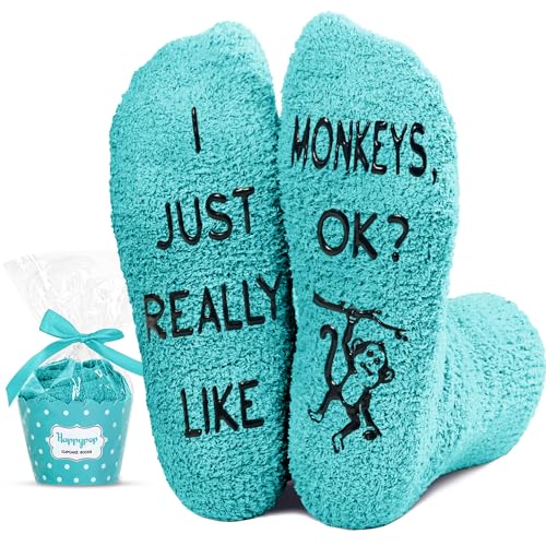 HAPPYPOP Funny Monkey Gifts for Monkey Lovers, Novelty Monkey Socks for Women Girls Green Fuzzy Socks