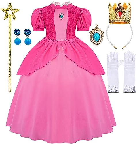 Avady Princess Peach Costume for Girls Super Brother Kids Cosplay Costume Birthday Party Halloween Dress Up with Accessories