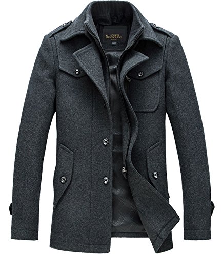 chouyatou Men's Stand Collar Wool-Blend Classic Pea Coat with Removable Inner Collar (Large, H36-Gray)