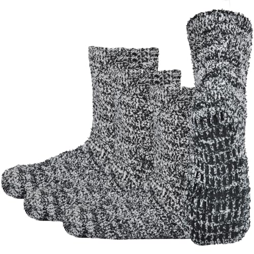 JORMATT 3 Pairs Women Fuzzy Gripper Socks Non Skid Men Thick Cozy Slipper Hospital Socks with Grips,Men shoe size 7-12/Women size 8-13