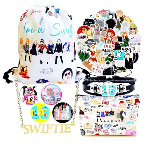 CRLED Taylor Merch Gifts Set for Swiftie, TS Merchandise Accessories Stuff Including Drawstring Bag, Cosmetic Bag, Lucky 13 Bracelet, Necklace, Button Pins and Stickers for Birthday Christmas Gifts