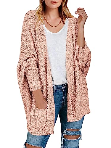 ANRABESS Women's Long Sleeve Soft Chunky Knit Sweater Open Front Cardigan Outwear with Pockets A230fense-S Pink