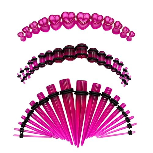 48PCS Acrylic, Silicone Ear Stretching Kit: Lightweight Tapers, Heart Tunnels & Plugs for Starter Expanders | Body Piercing Jewelry Earring Gauges Gauging Set for Men, Women (Size: 14G-0000G, Purple)