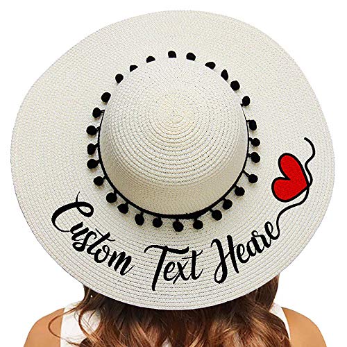 Personalized Customize Name Text Women Sun Hat Summer Beach Hat Black Pompom Large Brim Straw Hat