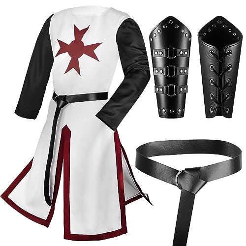 Hicarer Medieval Crusader Knights Halloween Men's Tunic Renaissance Costume Set Viking Belt for Warrior Knight Cosplay (Red,XL)