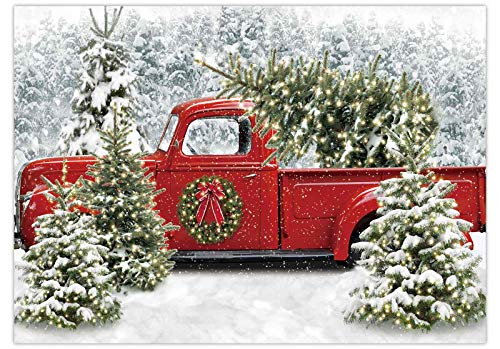 Funnytree 82' x 59' Christmas Red Truck Backdrop Winter Snowy Forest Tree Background Xmas Let it Snow Seasonal Baby Shower Birthday Party Banner Decor Portrait Photobooth Prop Gift Supplies Favors