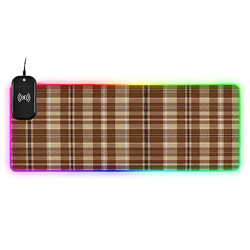 Nesatuwa Vintage Brown Plaid Classial Buffalo Check Tartan Mouse Pad with Wireless Charging 15W Fast Wireless Chargering Non-Slip Keyboard Pad 14 Light Modes Gaming Mouse Pad 35.4 'X15.7