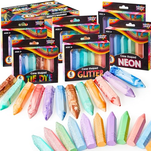 JOYIN 36 PCS Washable Sidewalk Chalks Set in 6 Packs, 18 Colors, Including 12 Tie Dye Sidewalk Chalks, 12 Glitter Chalks & 12 Neon Color Chalks, Outdoor Chalk for Painting, Drawing, Gifts for Kids