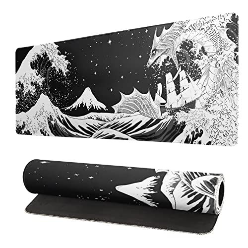 Black and White Japanese Waves Sea Dragon Gaming Mouse Pad Abstract Black Mat 31.5x11.8 Inch Sea Wave Texture Non-Slip Rubber Base Wave Mousepad Stitched Edges Keyboard Desk Pad for Office Home Game
